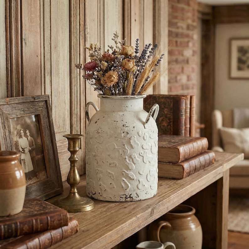 May include: A distressed white metal vase with floral patterns and two handles, filled with dried flowers and wheat. The vase sits on a wooden shelf with a framed photo, a brass candlestick, and stacked vintage books. The overall theme is rustic home decor.