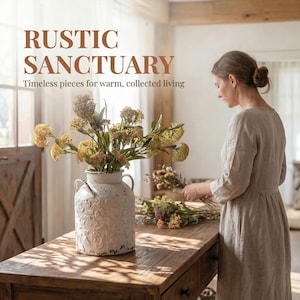 May include: A rustic white vase with a floral design holds yellow and green flowers on a wooden table. The text "RUSTIC SANCTUARY" and "Timeless pieces for warm, collected living" are displayed above the vase. A person is arranging flowers.