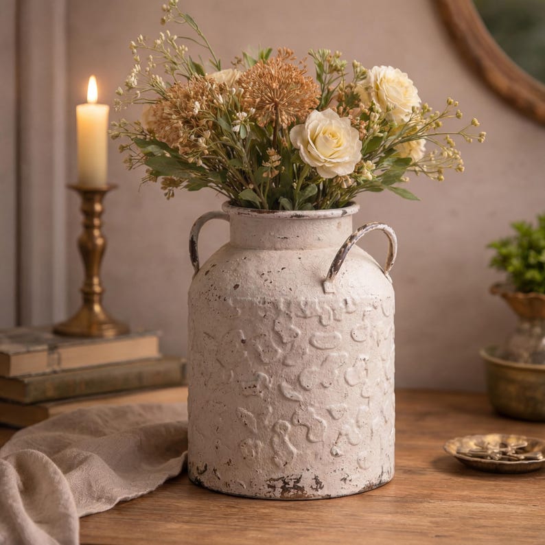 May include: A distressed white metal vase with two handles, filled with cream-colored roses and dried flowers. The vase has a textured surface with a floral pattern. A lit candle in a gold candlestick is in the background.