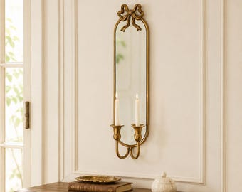Vintage-Inspired Gold Wall Mirror with Candle Holders, French Country Wall Sconce Mirror, Entryway Hallway Decor