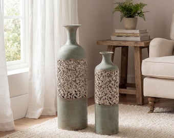 Tall Floor Vase, Distressed Green Metal Floral Cutout Vase, Rustic Farmhouse Decor