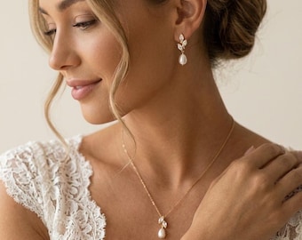 Pearl Drop earrings Bridal Gold Wedding Jewelry set pearl wedding earrings and necklace set silver bridal jewelry pearl bridal earrings