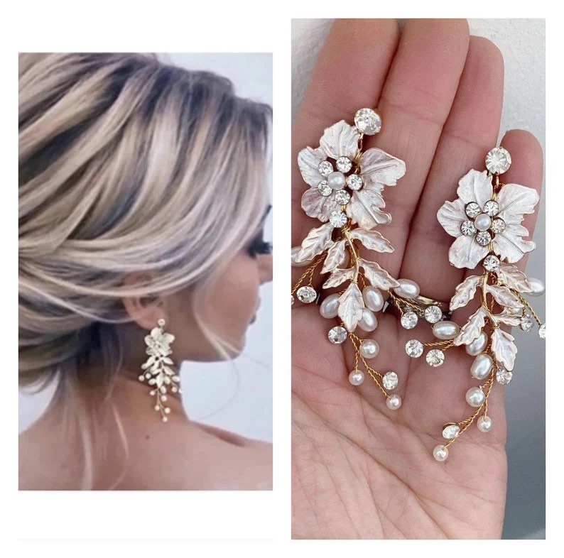 Freshwater Pearl & Crystal Bridal Earrings, Boho Wedding Earrings, Pearl Flower Leaf Earrings, Statement bridal Earrings, bridal earrings image 4
