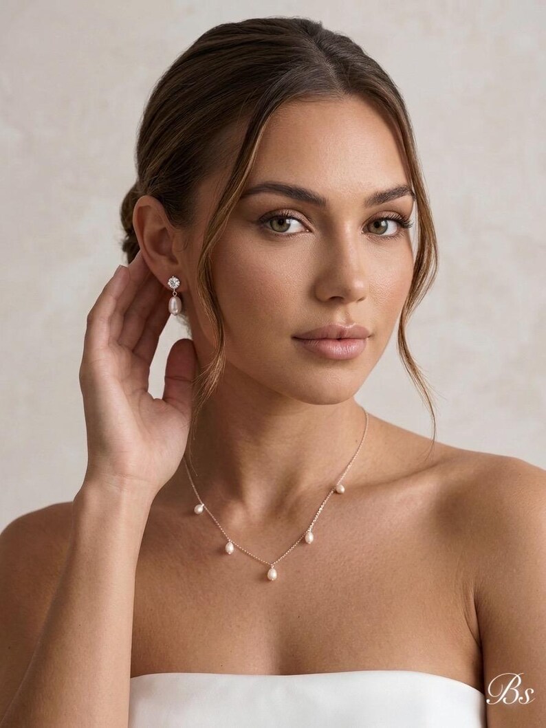Pearl wedding necklace for bride gold Bridal jewelry set silver freshwater Pearl drop earrings wedding jewelry set pearl drop necklace image 14
