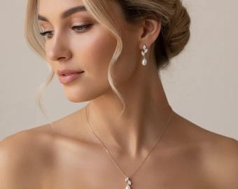 Wedding jewelry set pearl drop earrings and necklace set bridal jewelry set pearl dainty bridal earrings pearl drop necklace for bride gold