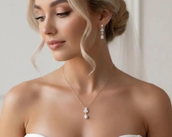 Wedding necklace and earrings set Diamond Pearl Bridal Jewelry Set Silver bridal Necklace pearl drop earrings gold wedding jewelry set pearl