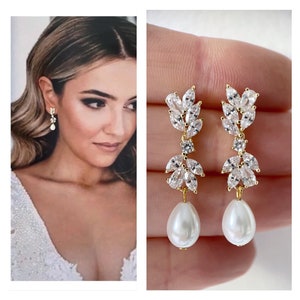 Bridal earrings, pearl drop earrings, pearl drop bridal earrings, pearl bridal earrings, long crystal bridal earrings, wedding earring bride