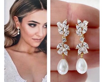 Bridal earrings drop wedding earrings freshwater Pearl drop earring statement crystal wedding necklace earring set for bride Dangle long