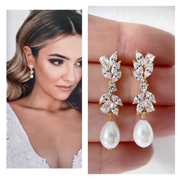 Bridal earrings pearl drop wedding earrings Pearl drop earring statement crystal wedding necklace earring set for bride bridal jewelry set