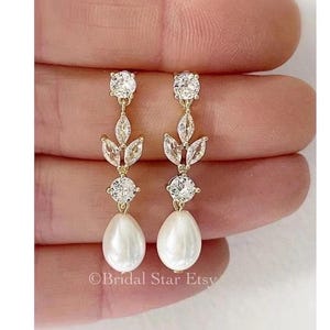 Bridal earrings pearl drop gold wedding necklace Pearl drop wedding earring long crystal bridal earrings bridal jewelry set wedding jewelry