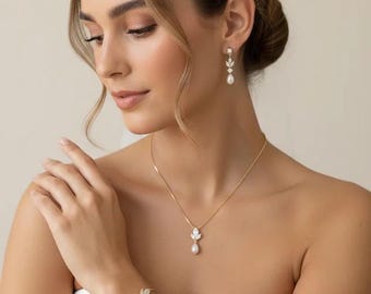 Bridal earrings and necklace set pearl drop earrings diamond and pearl bridal jewelry set crystal wedding necklace pearl wedding jewelry set