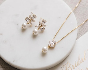 Pearl bridal earrings pearl and diamond wedding earrings and necklace set gold pearl drop bridal earrings and necklace bridesmaids jewelry