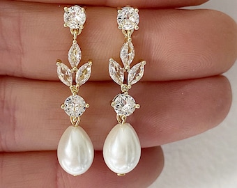 Gold pearl drop earrings bride wedding earrings Pearl drop bridal earring long crystal bridal earrings bridal jewelry set crystal and pearl