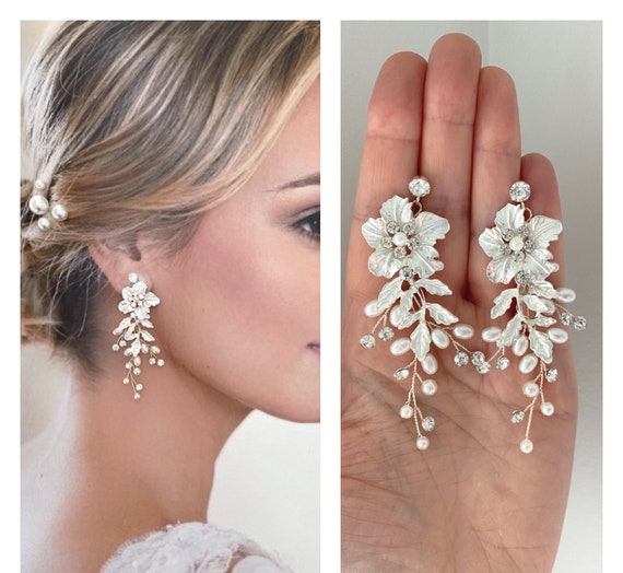 Floral Bridal Earrings Flower Bridal Earrings Floral Earrings Etsy