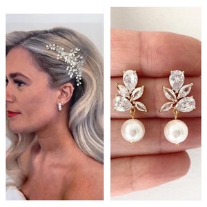Bridal jewelry set gold Pearl drop earrings gold bridal earrings wedding earrings dangle Pearl bridal earrings gold Crystal bridal earrings