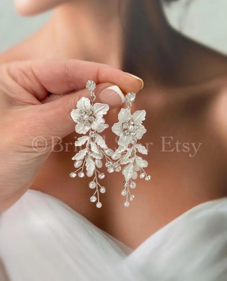 Floral Bridal Earrings: Pearl Flower Wedding Statement Earrings