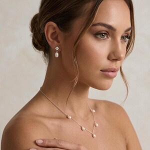 Pearl wedding necklace for bride gold Bridal jewelry set silver freshwater Pearl drop earrings wedding jewelry set pearl drop necklace image 3