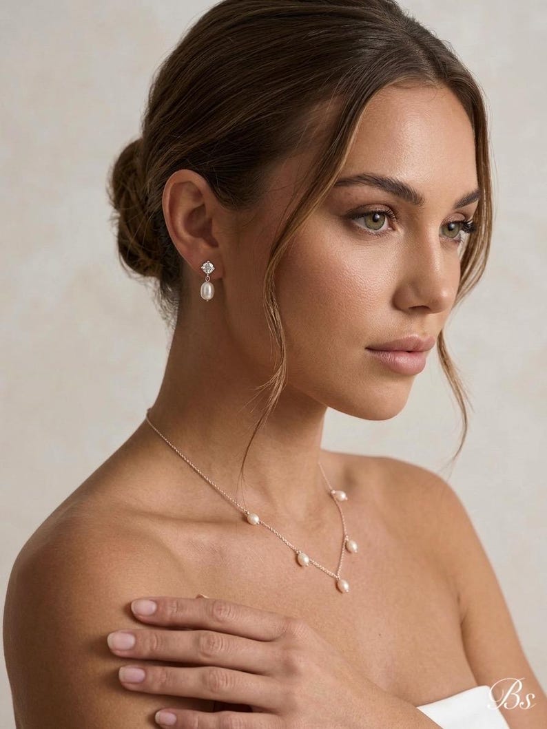 Pearl wedding necklace for bride gold Bridal jewelry set silver freshwater Pearl drop earrings wedding jewelry set pearl drop necklace image 3