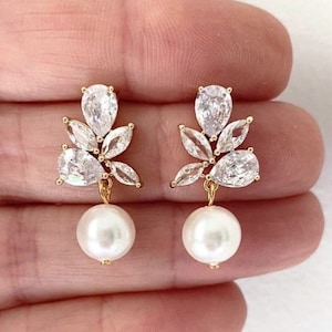 Pearl drop earrings for bride gold Pearl drop wedding earrings Art Deco bridal earrings boho bridal jewelry set wedding jewelry set crystal