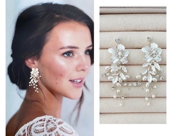 Bridal earrings floral bridal earrings white flower wedding earrings boho bridal jewelry floral boho statement wedding earrings gold silver