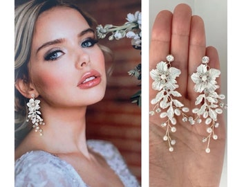 Bridal earrings flower bridal earrings floral bridal earring vine white flower earrings bridal earring boho wedding earring for bride pearl