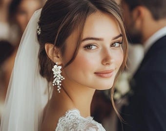 Floral Bridal Drop Earrings: Pearl Flower Dangle, Wedding Jewelry