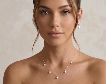 Pearl wedding necklace and earrings gold bridal earrings and necklace set freshwater pearl drop bridal necklace dainty bridal jewelry set