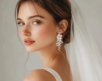 Floral Bridal Earrings: Silver Leaf, Pearl Dangle Wedding Jewelry