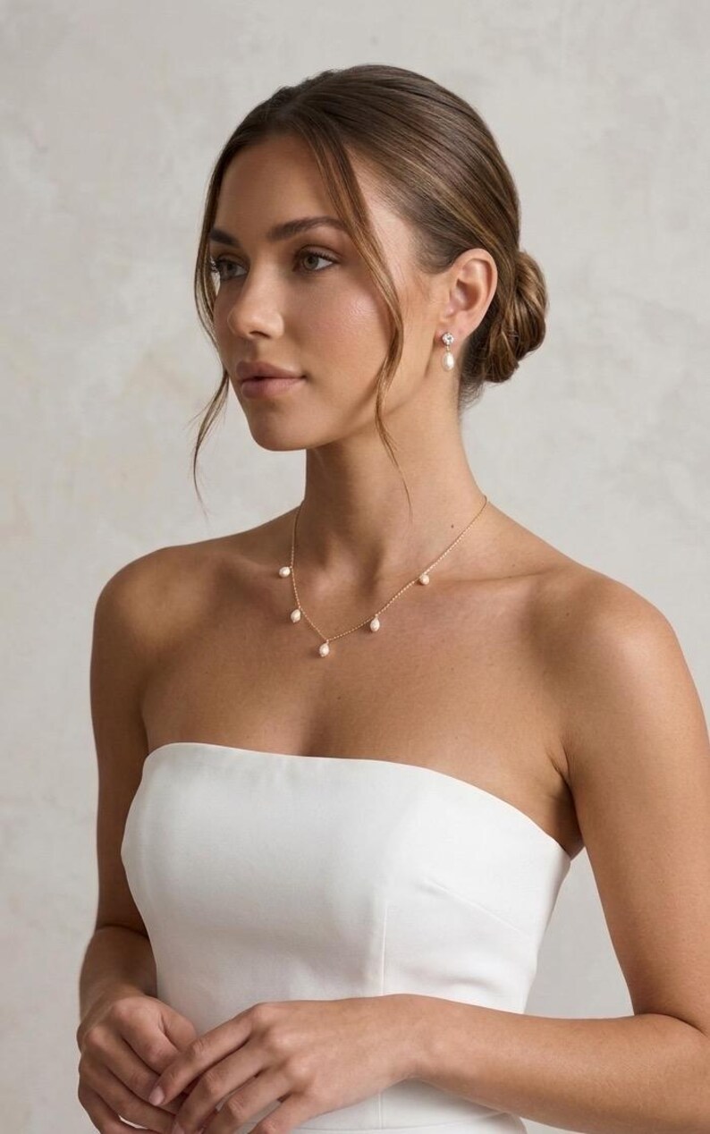 Pearl wedding necklace for bride gold Bridal jewelry set silver freshwater Pearl drop earrings wedding jewelry set pearl drop necklace image 5