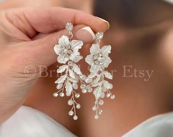 Flower Bridal Earrings: Floral wedding earrings Wedding Jewelry set bridal hair comb pearl bridal jewelry wedding accessories for bride