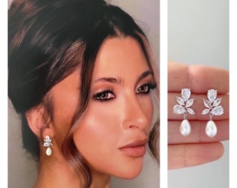 Pearl drop earrings bride earrings wedding earrings dangle bridal earrings Pearl bridal earrings Crystal bridal earrings statement earrings
