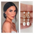 Bridal earrings pearl drop gold wedding earrings Pearl drop bridal earring long crystal bridal earrings bridal jewelry set crystal and pearl product logo