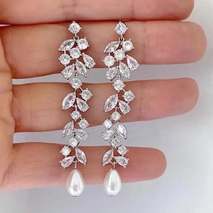 Crystal Pearl Drop Bridal Earrings: Silver Wedding Dangle Earrings