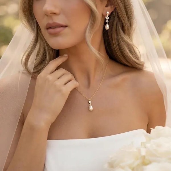 Pearl Wedding necklace and earrings set Diamond Pearl Bridal Jewellery Set Silver bridal Necklace pearl drop earrings wedding jewellery gold