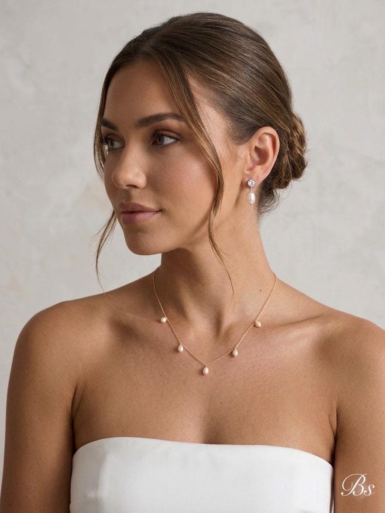 Pearl wedding necklace for bride gold Bridal jewelry set silver freshwater Pearl drop earrings wedding jewelry set pearl drop necklace image 15
