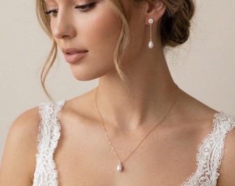 Bridal Pearl Drop Earrings and necklace set  Wedding Jewelry set bridal dangle earrings pearl bridal jewellery set gold wedding earrings