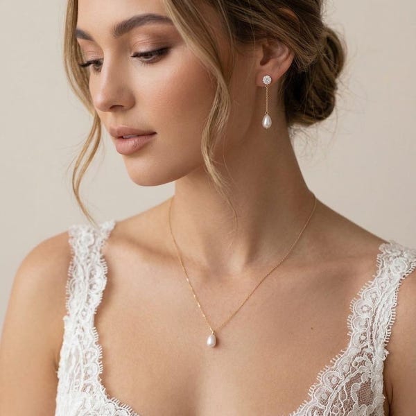 Bridal Pearl Drop Earrings and necklace set diamond Wedding Jewelry Set pearl bridal earrings pearl drop wedding earrings bridal jewelry set