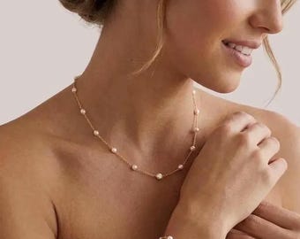 Bridal jewelry set pearl wedding necklace and bracelet set gold pearl wedding jewelry for bride dainty bridal necklace pearl bride bracelet