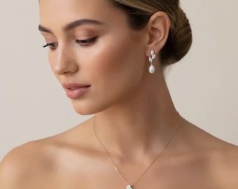 Wedding necklace and earrings set Pearl Drop bridal earrings diamond wedding jewelry set pearl bridal necklace and wedding earrings set