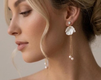 Bridal earrings floral wedding earrings pearl drop flower and pearl earrings pearl bridal jewellery white bridal earrings flower drop