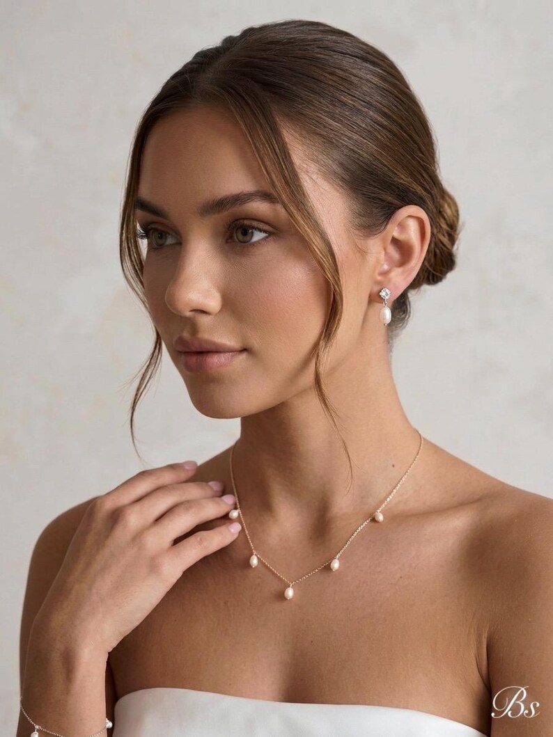 Pearl wedding necklace for bride gold Bridal jewelry set silver freshwater Pearl drop earrings wedding jewelry set pearl drop necklace image 7