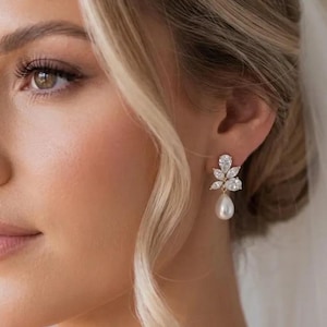 Bridal Earrings and necklace set pearl drop Wedding earrings silver bridal Jewelry set wedding necklace pearl gold diamond earring for bride