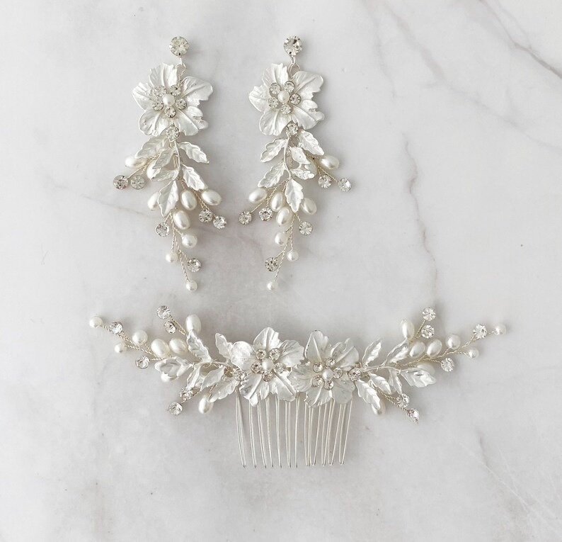 Freshwater Pearl & Crystal Bridal Earrings, Boho Wedding Earrings, Pearl Flower Leaf Earrings, Statement bridal Earrings, bridal earrings image 9