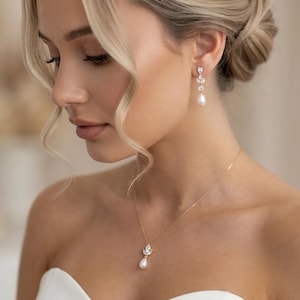 Pendientes de novia colgantes de perlas, collar de boda colgante de perlas, conjunto de joyas de boda de diamantes, conjunto de joyas de boda de perlas y diamantes