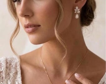 Bridal earrings and necklace set Diamond and pearl wedding jewellery pearl drop wedding earrings and bridal necklace set gold bridal jewelry