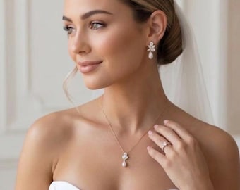 Pärlsmyckenset Bröllopshalsband och örhängen set pärla Brudsmyckenset Pärldroppar Brudörhängen diamant Bröllopssmyckenset pärla