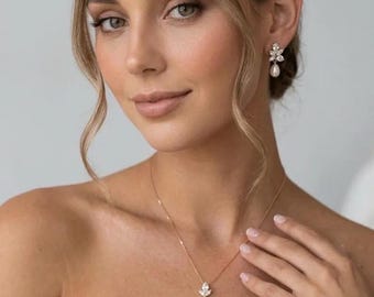 Wedding necklace and earrings set Pearl Drop bridal Earrings and necklace set diamond bridal Jewelry Set pearl wedding jewelry for bride