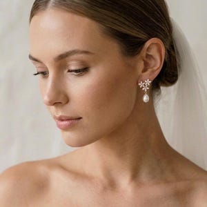 Gold bridal earrings pearl and flower wedding earrings gold wedding jewelry set floral bridal jewelry diamond and pearl earring and necklace