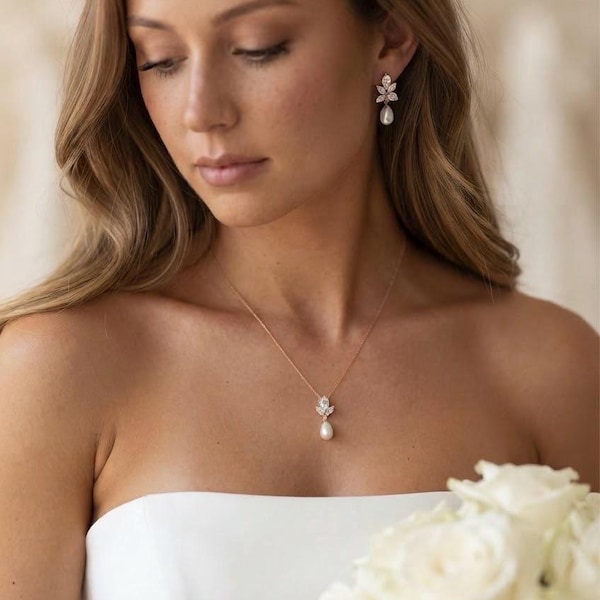 Pearl jewellery set wedding earrings and necklace set diamond pearl bridal earrings diamond bridal Jewellery set wedding necklace pearl drop