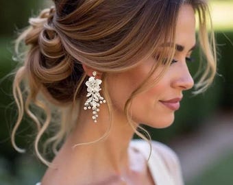 Floral Bridal Earrings: Pearl Flower Vine, Boho Wedding Jewelry